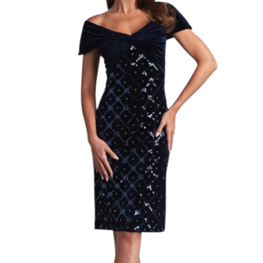 Womens Tadashi Shoji Lowe Off-Shoulder Short Sleeve Velvet Blue Dress Sequins  S